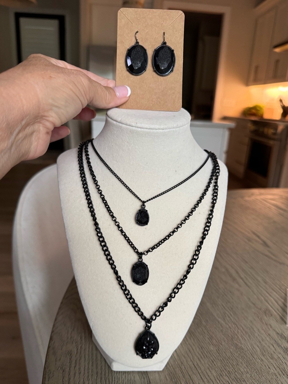 Black Layered Pendant Necklace Set with Matching Earrings